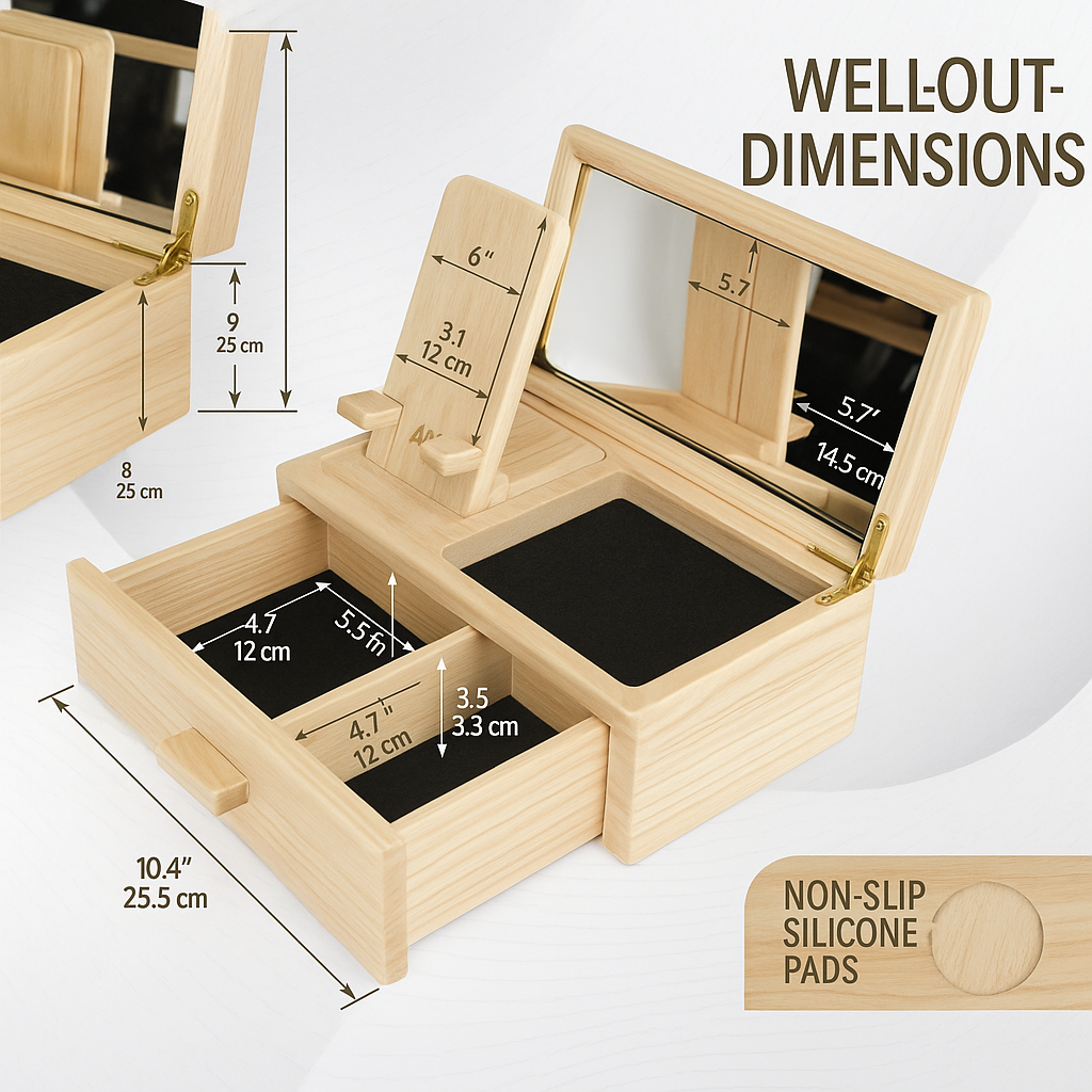 Wooden jewelry and cosmetics organizer box with mirror