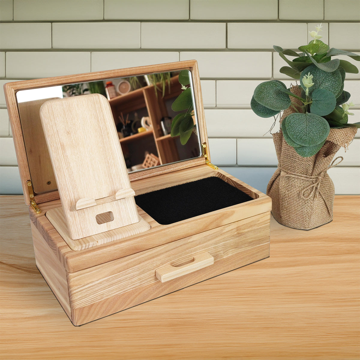 Wooden jewelry and cosmetics organizer box with mirror