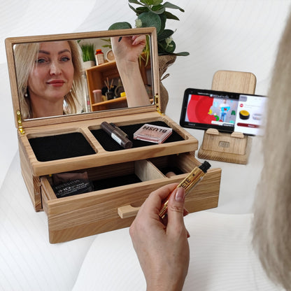 Wooden jewelry and cosmetics organizer box with mirror